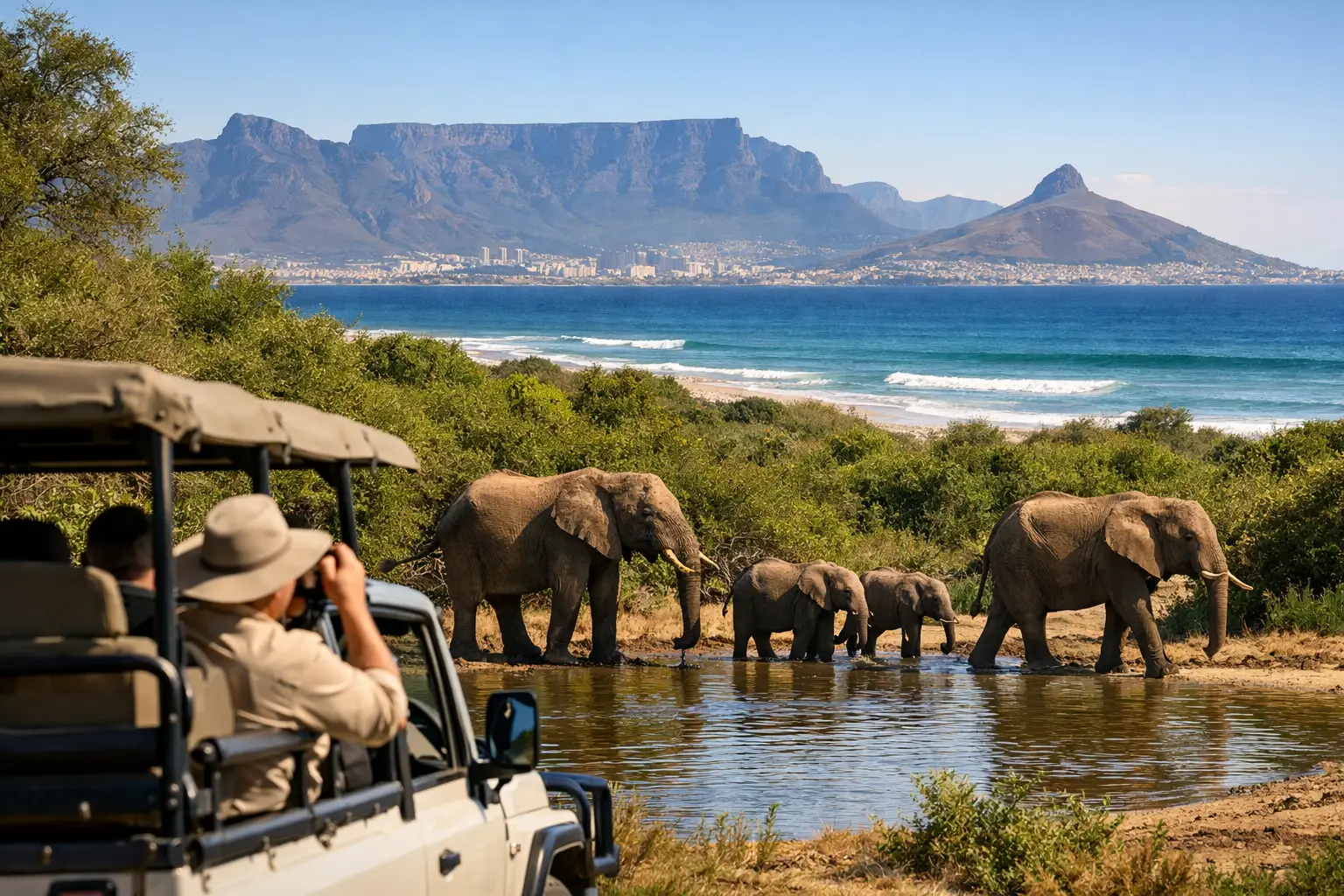 Elephants at a waterhole on a private game reserve near Cape Town