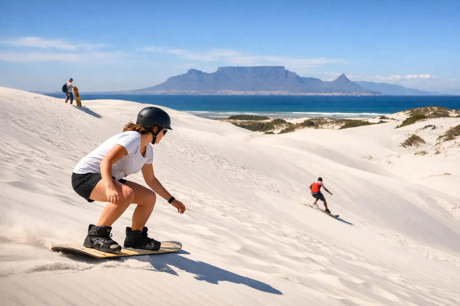 Sandboarding down the white Atlantis dunes with Table Mountain in the distance